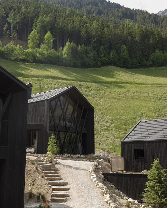 Amus Chalets aus dunklem Holz mit Glasfronten und Holzterrasse vor bewaldeten Hängen.