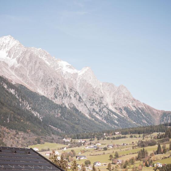 Blick auf Häuser, Wiesen, Wälder und Berge mit dunklem Holzdach im Vordergrund