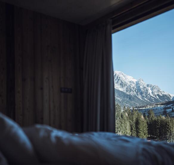 Vista dal letto attraverso un’ampia finestra panoramica sulle montagne innevate e sui boschi.