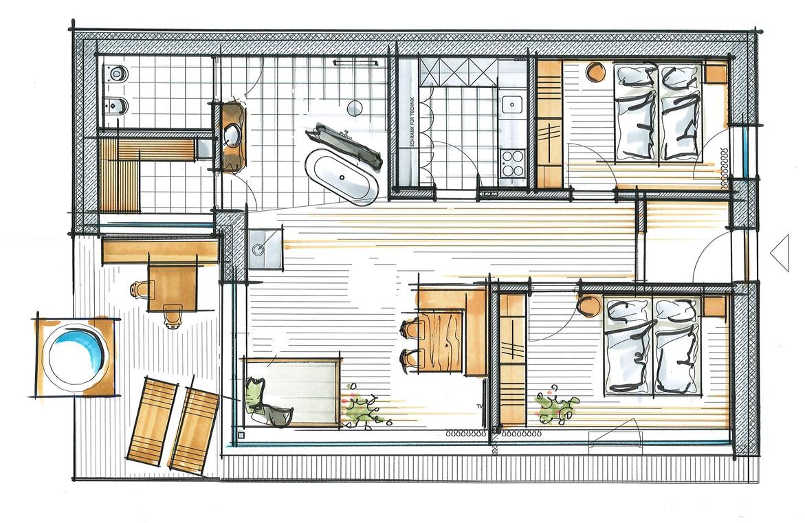 Skizze vom Chalet-Grundriss mit zwei Schlafzimmern, Wohnbereich, Küche, Bad, Sauna und Terrasse mit Whirlpool und Liegestühlen.
