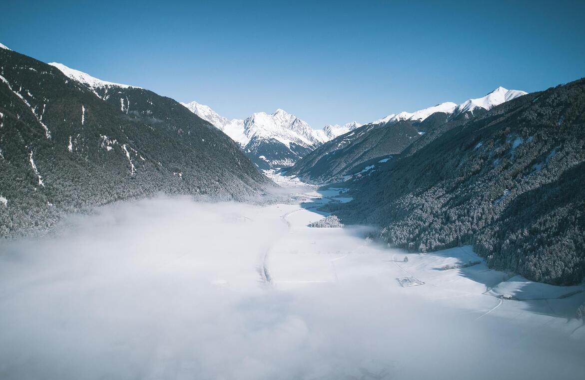 Panoramic view of a snow-covered landscape with forests and mountains.