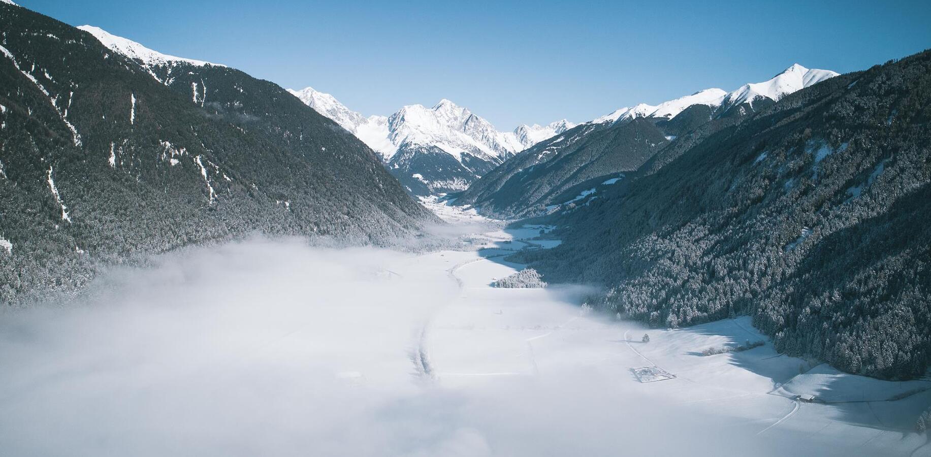 Panoramablick über eine verschneite Landschaft mit Wäldern und Bergen.