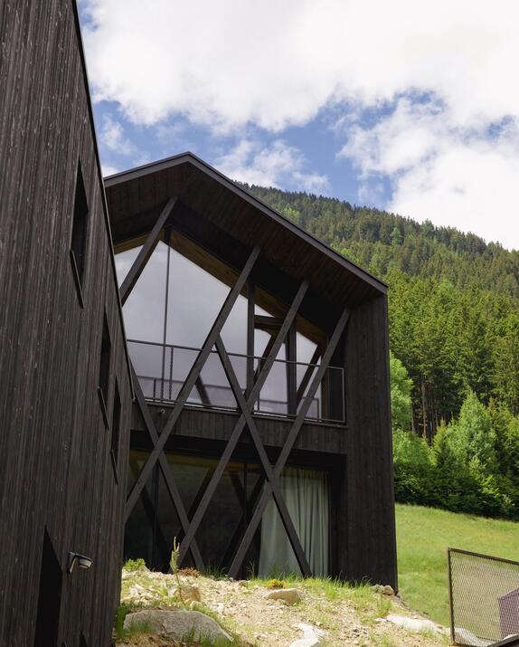 Amus Chalet aus dunklem Holz mit großen Glasfronten und diagonalen Holzelementen vor bewaldetem Berghang.