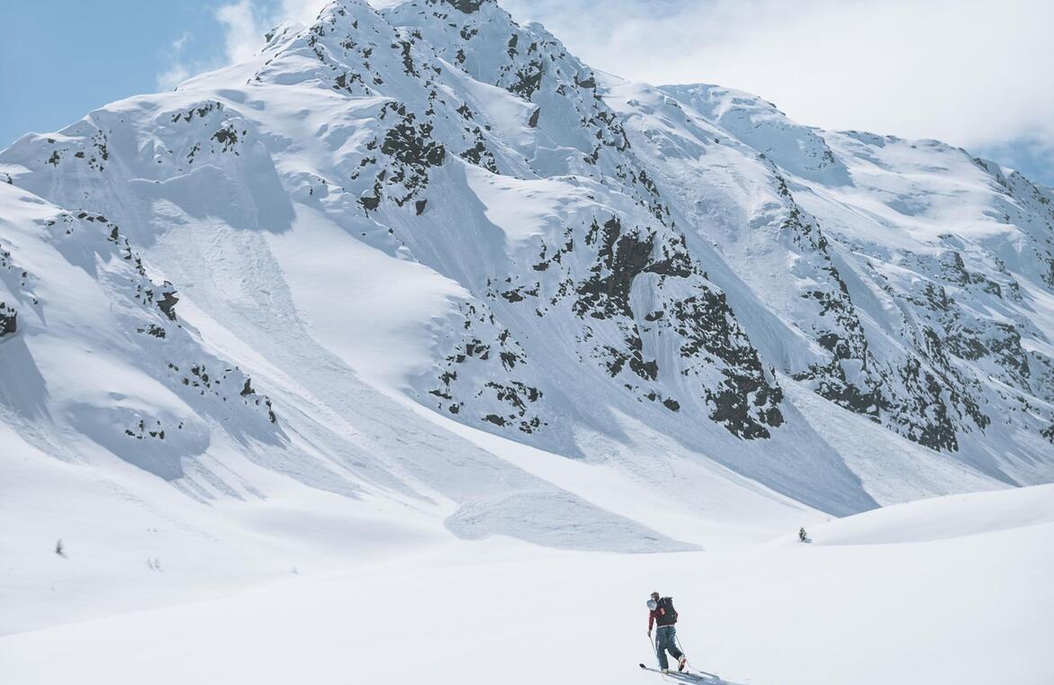 Escursionista con le ciaspole in un ampio paesaggio innevato, con montagne sullo sfondo.